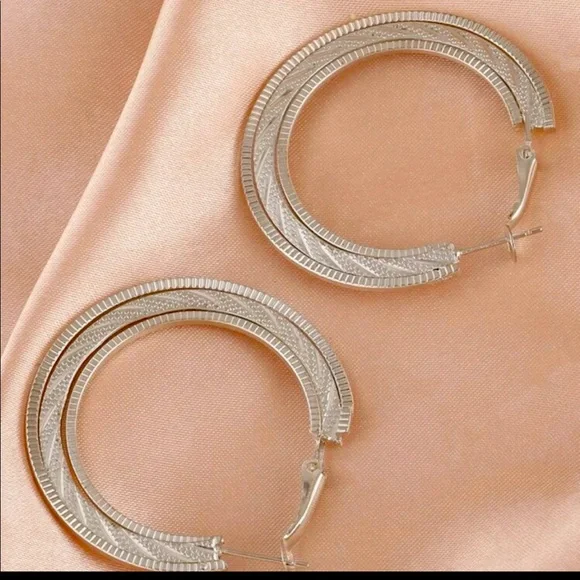 🪙 Silver Textured Hoop Earrings - Picture 2 of 7